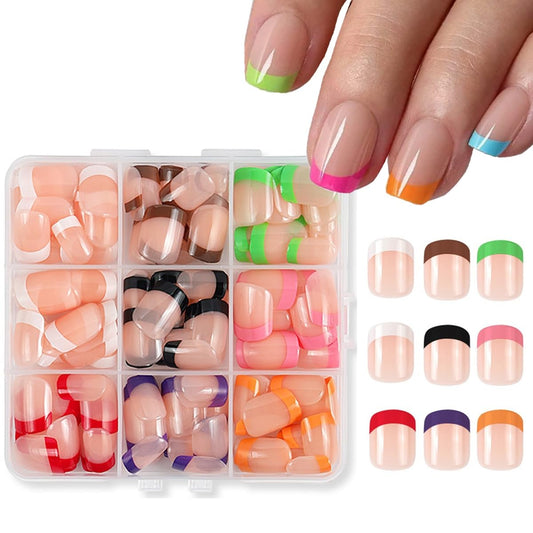 216Pcs French Tip Press On Nails Short Square Fake Nails 8 Color Nails Press Ons Set Colorful Glossy False Nails Reusable Acrylic Glue on Nail for Women Girl Nail Art Decoration