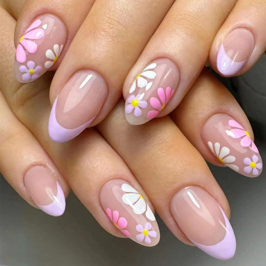 Short Press on Nails Almond Fake Nails with Colorful Flower Design Cute Stick on False Nails for Women Spring Manicure 24Pcs