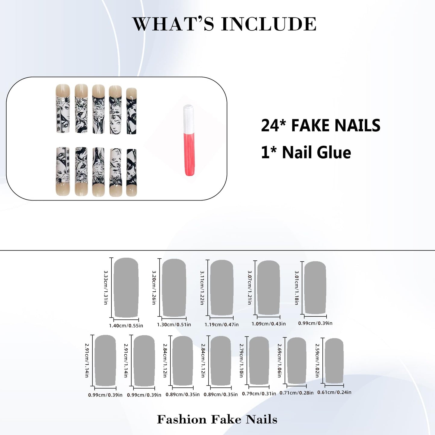 IMRAIN Press on Nails Long Square Fake Nails Black White French Tips, Anime Graffiti Artificial Stick on False Nails Full Cover Gel Acrylic Nails for Women Girls 24Pcs