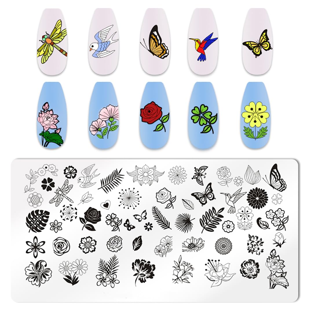 JERCLITY 6pcs Flower Nail Stamping Plate Nail Stamping Kit for Nails Rose Flower Lotus Butterfly Leaf Image Plates Nail Design Template Print Nail Stamper Kit for Women