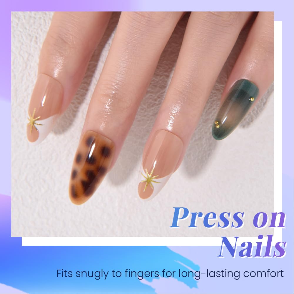 evpct Nude Pink Press on Nails Short Almond with Green Nails, Sexy Brown French Tip Stick on Nail for Women, Reusable Full Cover Soft Press on Fake Nail with 3D Gold Line Design Perfectly Fit