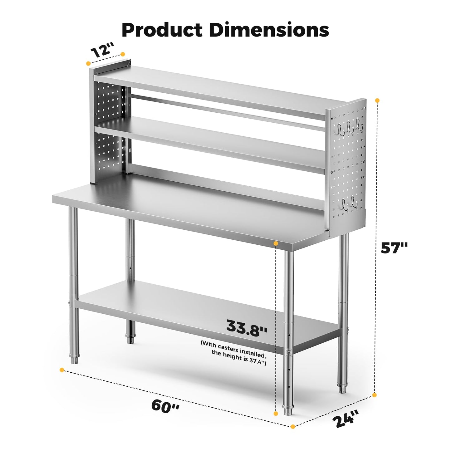 CAMMOO 60x24 in NSF All Stainless Steel Table with Adjustable Shelf & Pegboard Panels & Casters, Kitchen Prep Table Commercial Heavy-Duty Worktable with Large Space Storage for Restaurant Garages