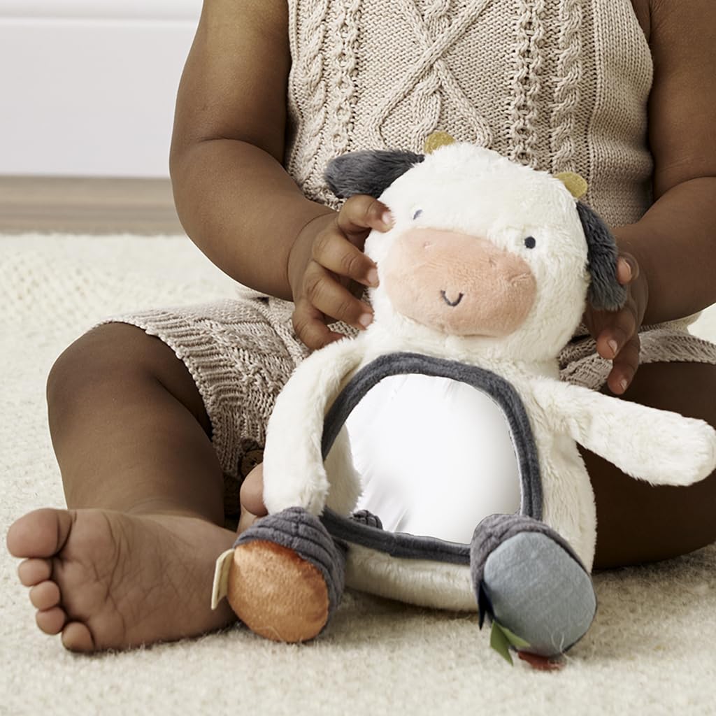 Itzy Ritzy Sensory Tummy Time Toy Mirror - Features Crinkle & Jingle Sounds, Multiple Textures and Mirror for Self-Discovery, Infant Toy for Ages 0 Months and Up, Cow