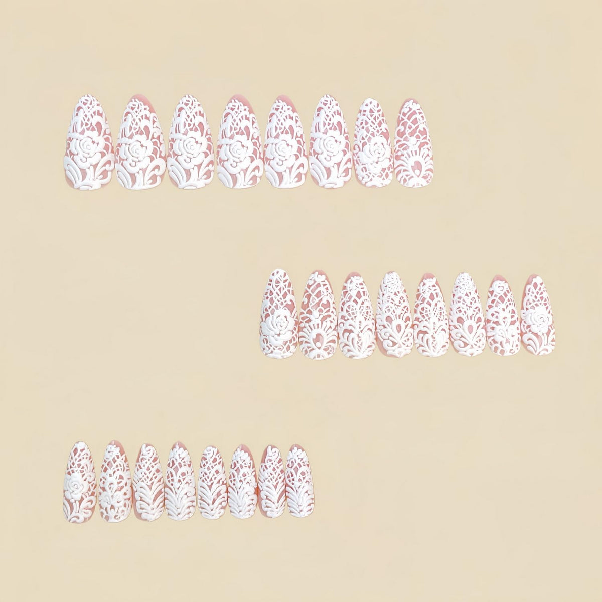 24pcs Almond Press on Nail Medium Length Fake Nails Full Cover White Lace with Flower designs Stick on Nail Glossy Fashion Press ones Spring Summer Glue on Nails for Women False Nails