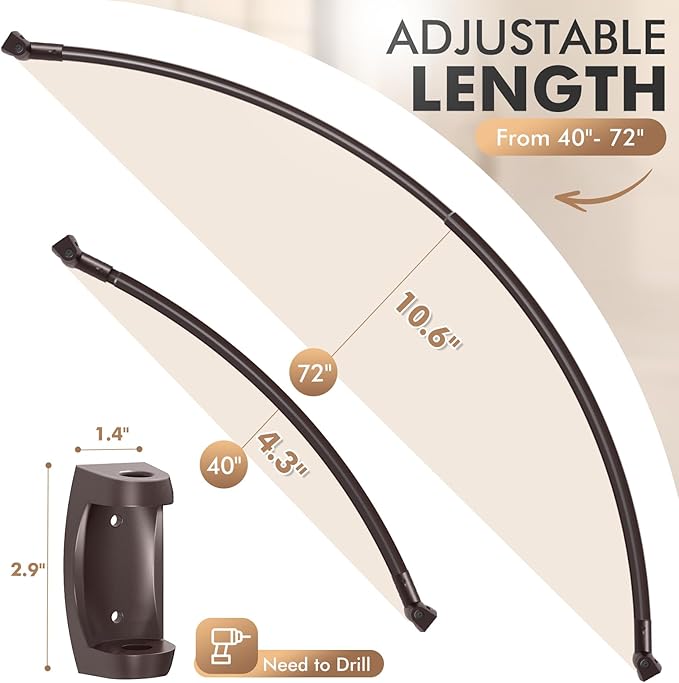 Bonpally Curved Shower Curtain Rod for Bathroom, 40-72 Inches Adjustable Curved Shower Rod, 0.9MM Aluminum Shower Curtain Rod with Rotating Brackets for Extra Shower Space, Need to Drill, Bronze