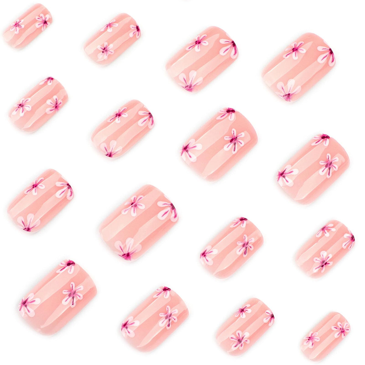 Medium Square Press on Nails Soft Nude Base Pink White Floral Glossy Finish Reusable Spring Nails Application Fashion Daily Casual Wear Durable Comfortable Trendy Style Women Girls Nails Art 24 Pcs