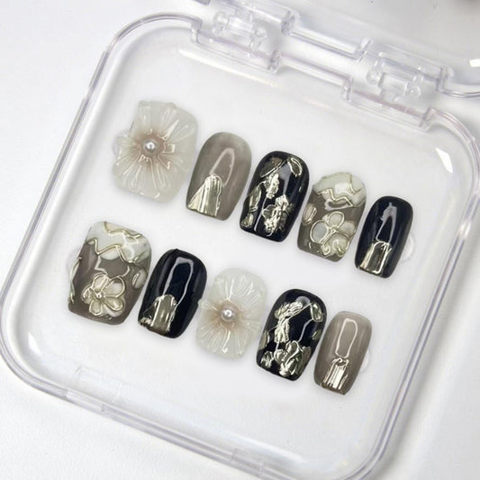 Square Press on Nails Full Cover Fake Nails with White Flower Handmade Press on Nails Short Black False Nails Embossed Silver Floral Acrylic Nails Thick Stick on Nails for Women Nail Art DIY（S)