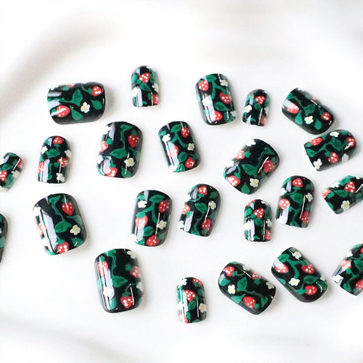 24Pcs Press on Nails Short Square False Nails with Cute Strawberry Nails Press on with Flower Leaves Design Black Acrylic Fake Nails Summer Full Cover Gloss Glue on Nails for Women Girls