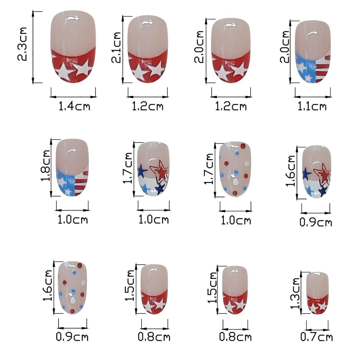 24Pcs 4th of July Press on Nails Petite Short Almond Fake Nails Red White Blue Star with Polka Dot Designs American Flag Full Cover Glue on Nails French Tip False Nails Cute Stick on Nails for Acrylic