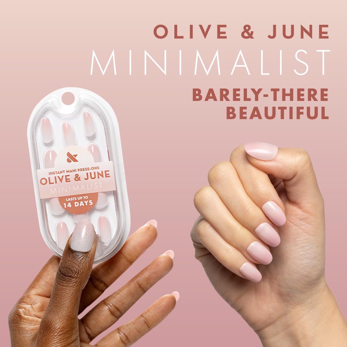 Olive & June Minimalist Instant Mani Press On Nails (Glue) | 42 Fake Nails, 21 Sizes | Non-Toxic, Long-Lasting Barely-There Look | Salon-Quality at Home | Extra Short, Squoval | Taupe Jelly Chrome
