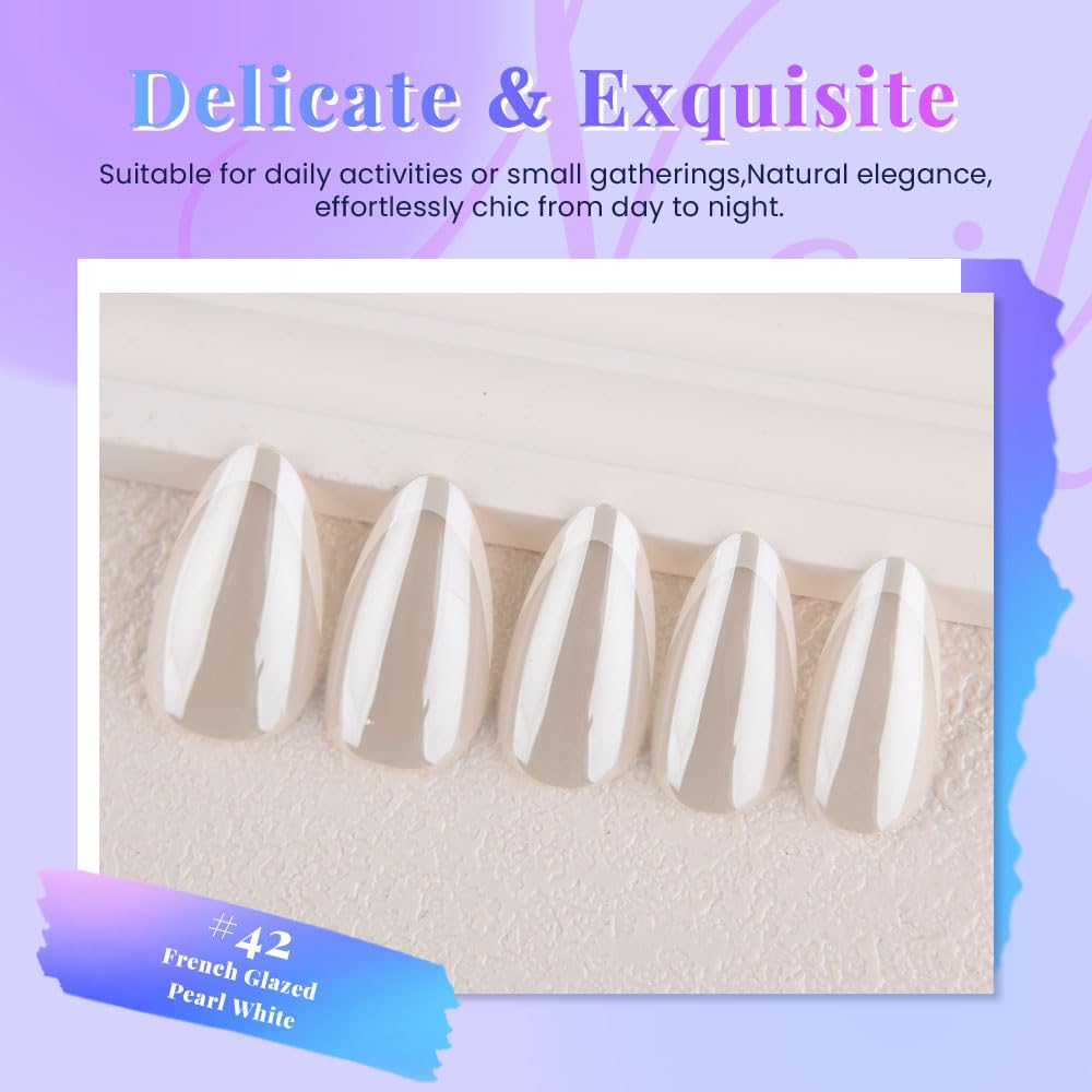 evpct Pearl White Glazed Press On Nails Short Almond, Beige French Tip Chrome Glazed Glossy Stick on Nail for Women Gift, Reusable Full Cover Soft Gel Press on Fake Nail with French Tip Design