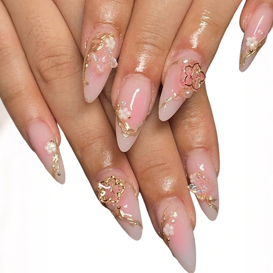 Gold Flower Press on Nails - Medium Almond Fake Nails Press ons with Blush Gradient Designs, 3D Gold Flower Nails Glossy Acrylic Nails Full Cover Glue on Nails for Women Manicure 24Pcs