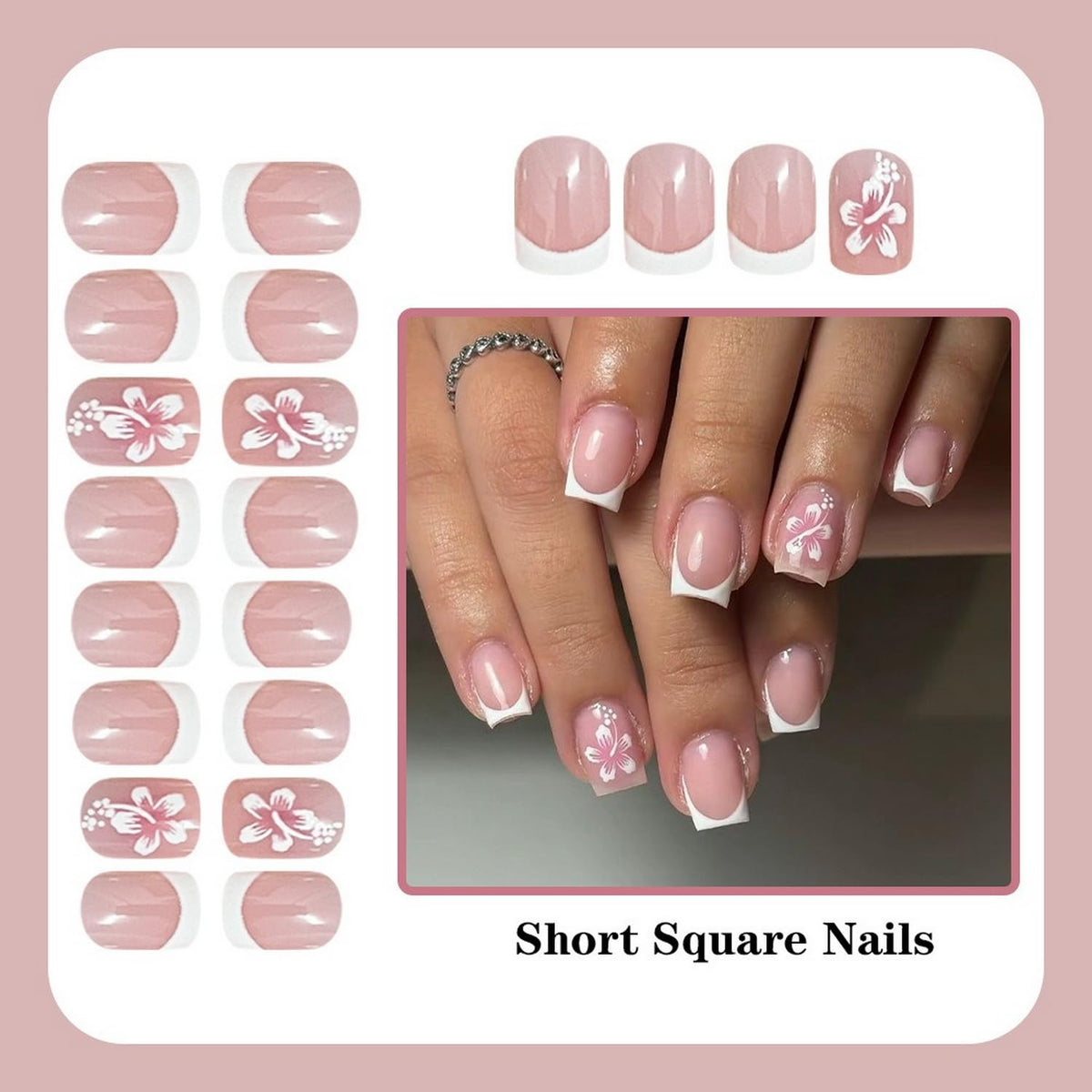 24 Pcs Flower Press on Nails Square White French Tip Fake Nails with Designs Glossy False Nail Spring Floral Stick on Nails Full Cover Short Acrylic Nails for Women Manicure Decorations