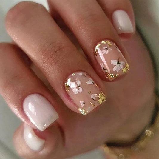 Mivota Fall Short Press on Nails Square, White and gold Fake Nails, Delicate Gold Foil Flower Designs, with a Few Nude Nails Featuring, Glossy Finish Acrylic Nails, Reusable Glue on Nails Kit