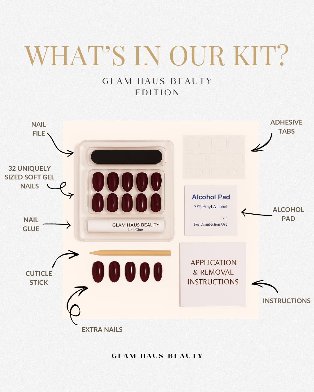 Glam Haus Beauty Press On Nails French Muse | Short Almond Nude French Tip Salon Quality | 16 Sizes - 32 Nail Kit with Glue & Adhesive Tabs