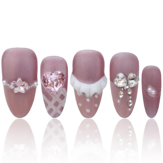 Handmade Press On Nails French Almond Shaped Press On Nails Pink 3D Nails Gifts For Women COOLYOUNG False Nails, 15 PCS, Size M