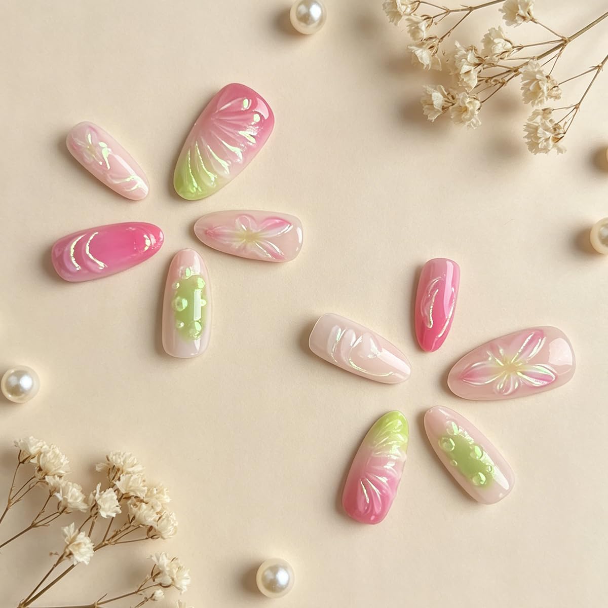 3D Press On Nails Almond Medium Light Pink Fake Nails with Embossed Lines Flower Cat's Eye Designs, Acrylic Artificial Nail Press ons False Stick On Nails for Women Girls 30Pcs