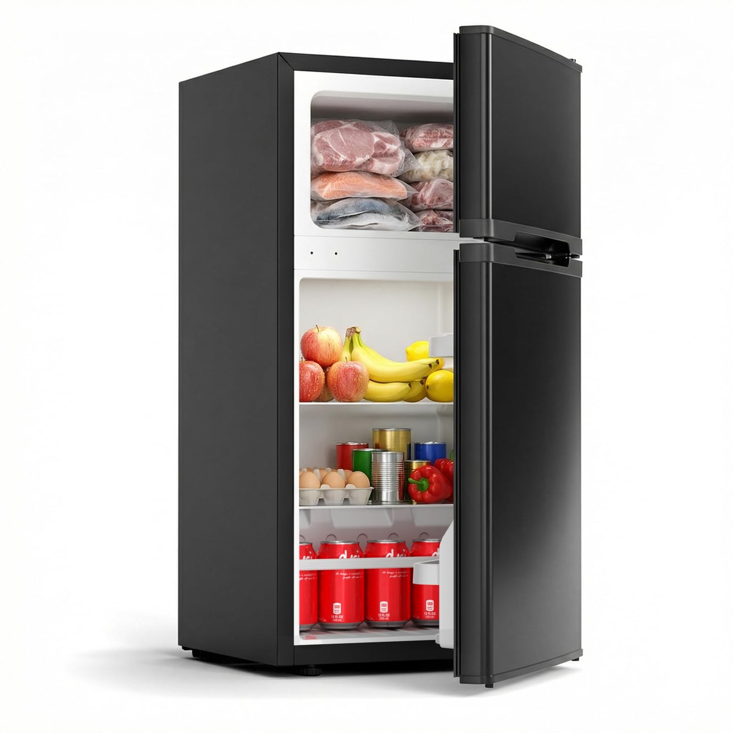 COWSAR 2.5 Cu.Ft Dorm Fridge with Freezer, Double Reversible Door Compact Refrigerator with 2 Removable Shelves, Commercial Drink Fridge for Bedroom, Office, Kitchen, Dorm, Black