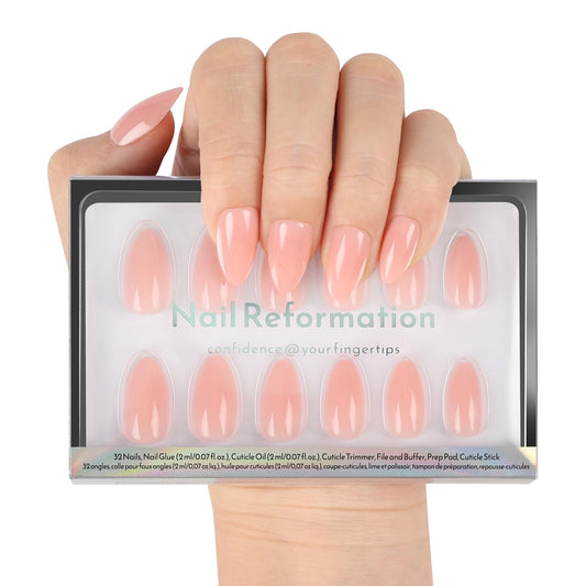 Nail Reformation Press On Nails, Baby Blush | Soft Pink Short Almond Fake Nails in Glossy Finish, Salon Quality, Natural Reusable Stick On Nails in 16 Sizes - 32 Nail Kit with Glue, Gifts for Women