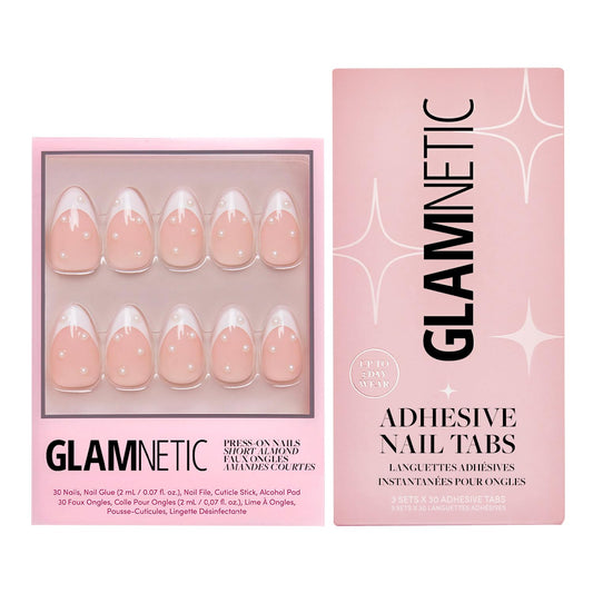 Glamnetic Press-On Nails & Adhesive Nail Tabs - French Pearl | Short Almond French Tip Fake Nails with Pearl Accents | 15 Sizes - 30 Nail Kit with Adhesive Tabs