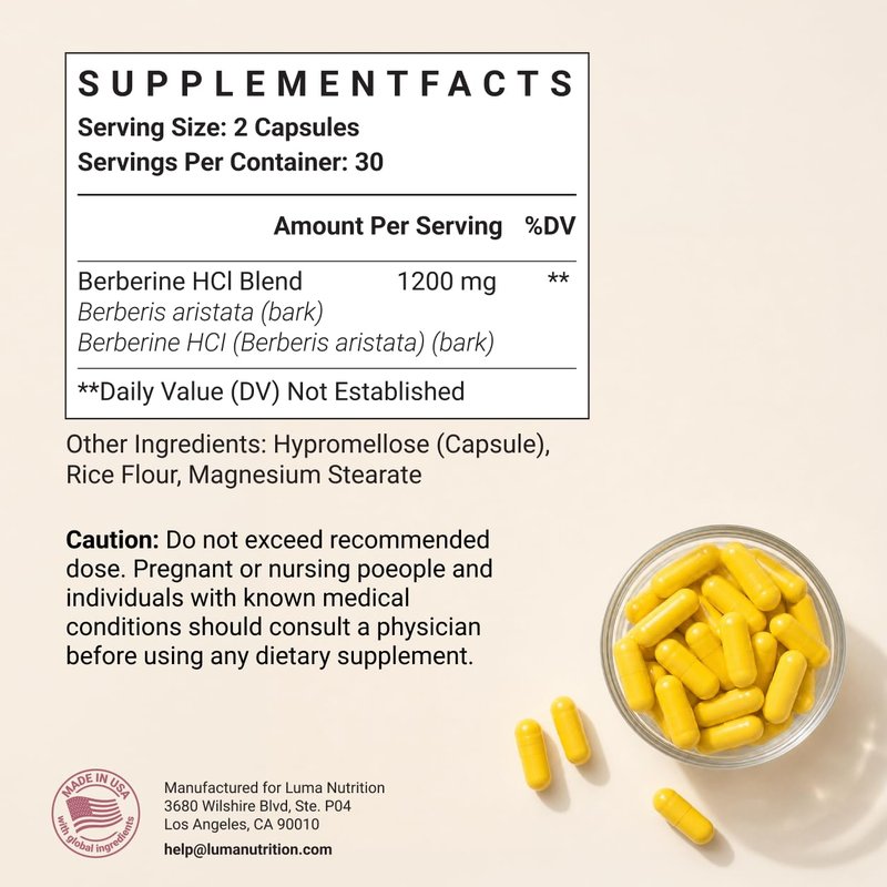 Luma Nutrition Berberine Supplement - Berberine HCL 1200mg Per Serving - 97% Berberine HCl - Vegan, Gluten Free - 60 Capsules