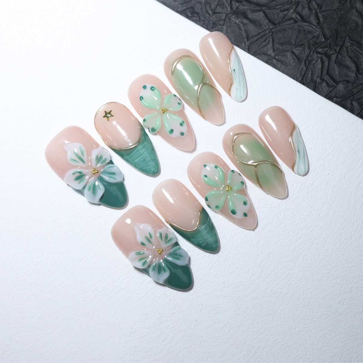10Pcs Medium Almond Handmade Press On Nails | Easy Apply & Remove, Reusable Salon Quality Nails | Fresh Nude & Green Fake Nails with 3D Floral, Gold Star & Line Accents (5U09, S)