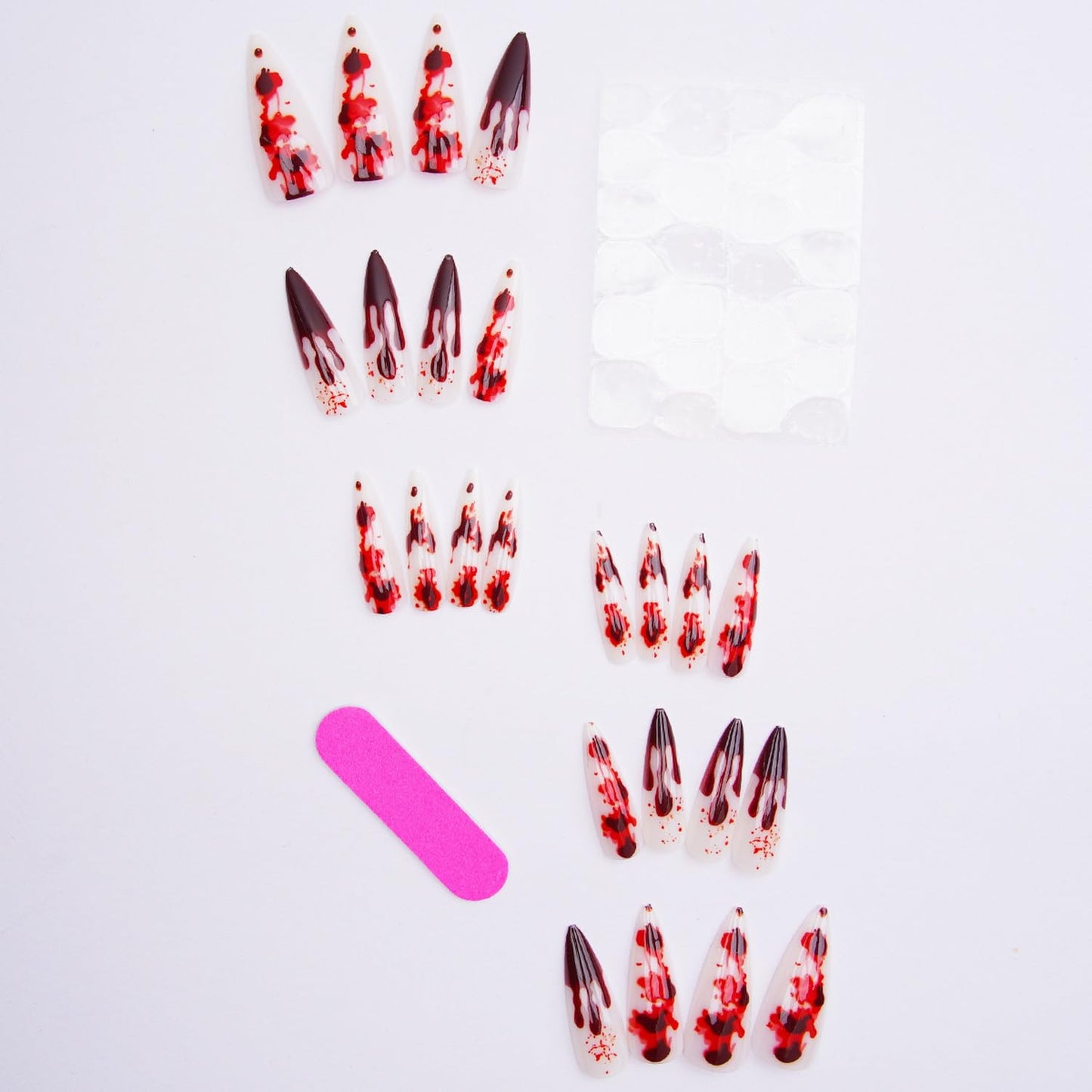 24pcs Halloween Press on Nail Extra Long Fake Nails Stiletto with Bloody designs Spooky False Nails Glossy Full Cover Acrylic Stick on Nail Reusable Party Finger Manicure for Women Girls Glue on Nails