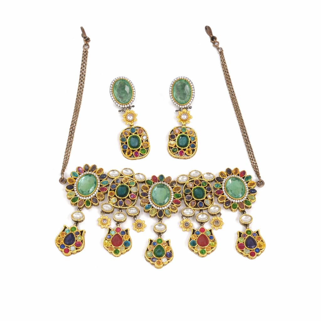 Sweetheart Jewel Royal Bloom Gold Plated Kundan Choker Necklace & Earring – Sabyasachi Inspired Bridal -Party Jewelry Light Green