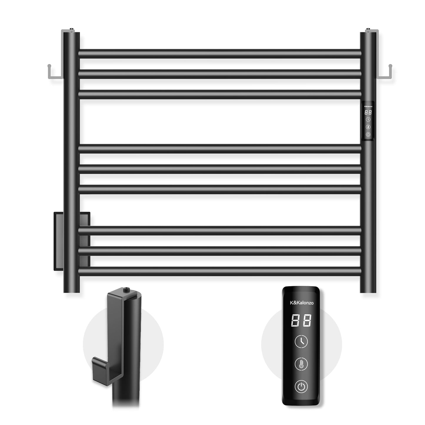 K&KALONZO Towel Warmer for Bathroom, Wall-Mounted 9-Bar Heated Towel Rack with Built-in Timer, Waterproof Electric Towel Heater, Support Plug-in and Hardwired, Matte Black, EL13S