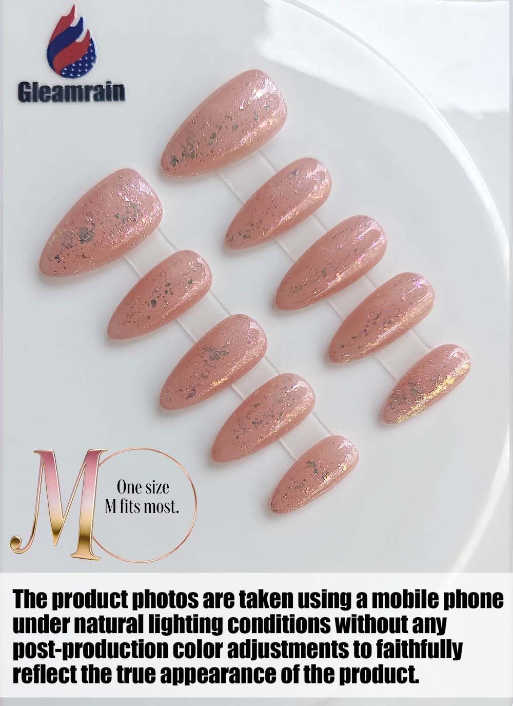 Gleamrain Almond Medium Handmade Press on Nails Nude for Women, Handcrafted Glitter Design Reusable Full Cover Fake Nail for Daily Wear Party Birthday D317
