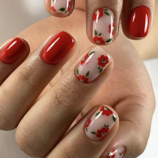 Short Press on Nails Square - Red Fake Nails with Cute Flower Design - Solid Color Full Cover Glossy Stick on Nails for Women - 24 Pcs