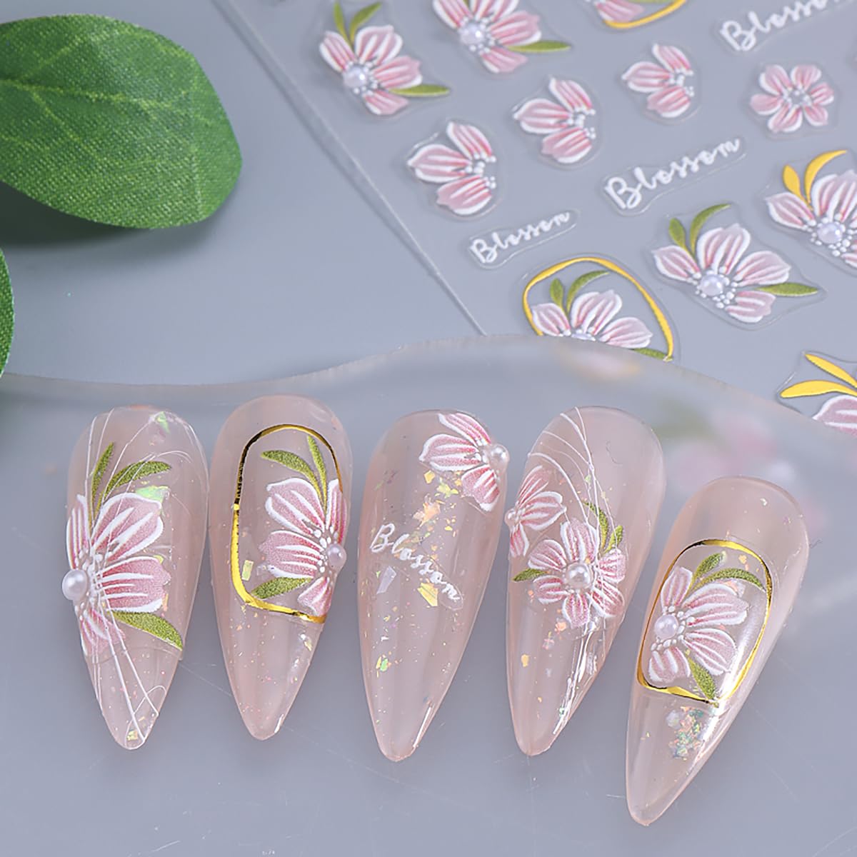 3D Flower Nail Art Stickers Decals Self Adhesive Blossom Flowers Nail Decals with Leaf Design, Spring Floral Nail Stickers for Women DIY Manicure Gel Acrylic Nails Decorations Supply 2 Sheets