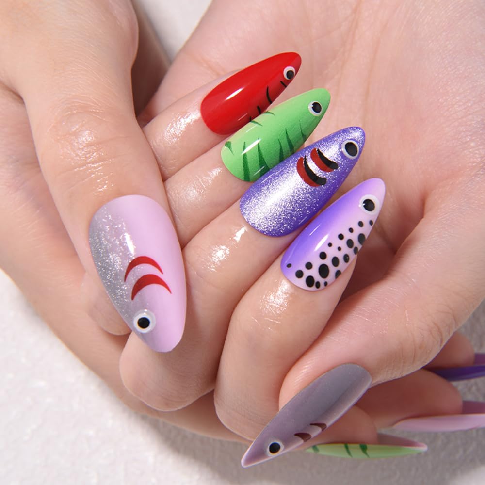 evpct Handmade Press on Nails Short Almond with Fish Lure Design, Cute Costume Fish Bait Press on Fake Nails for Women with Manicure Kit, Reusable Full Cover Stick on Nail with Design Perfectly Fit