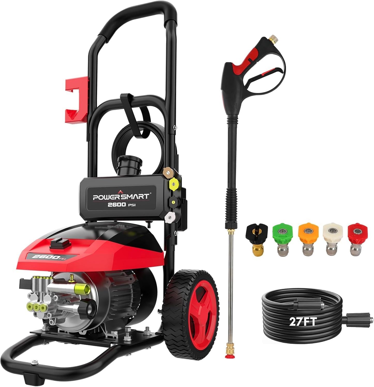PowerSmart max 2600 PSI Electric Pressure Washer, 2.0 GPM 1600W with 27FT Hose, 35FT Power Cord, 5 Nozzles, and 1500ml Foam Cannon for Car, Patio, and Fence Cleaning