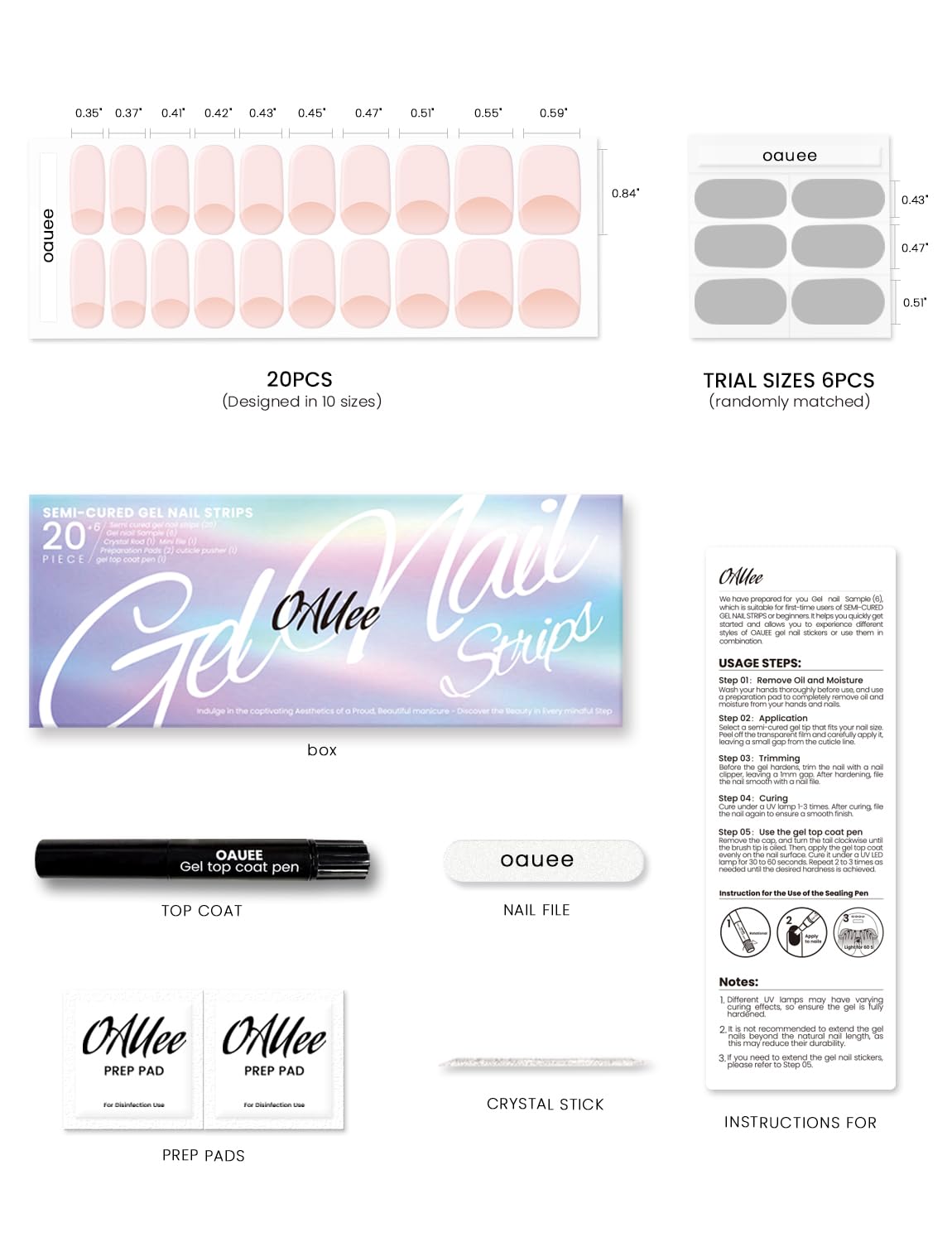 Oauee Semi Cured Gel Nail Strips | Built-In Gel Top Coat | UV Light Required | Salon Quality, Easy Application And Removal (Pink Elegance）
