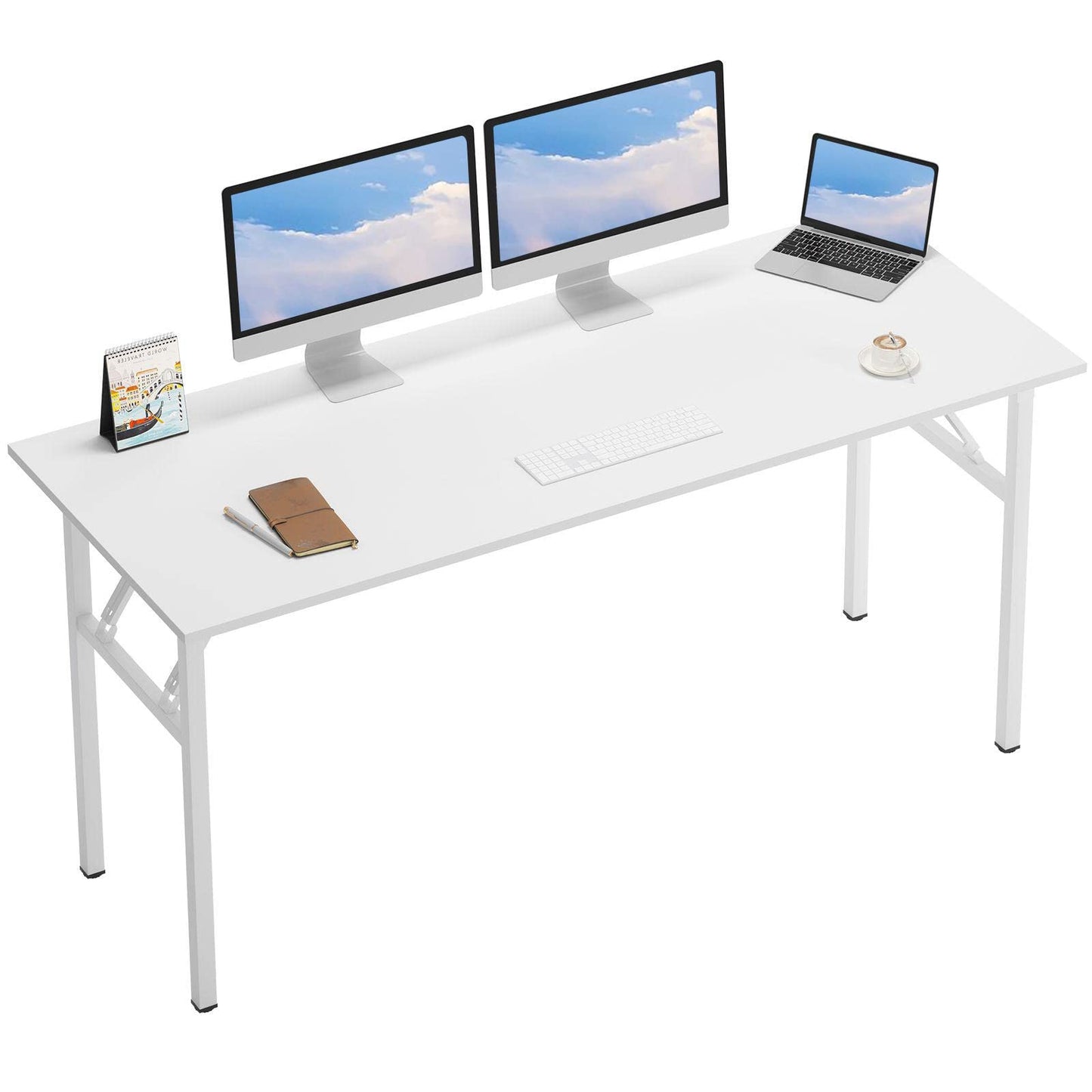 DlandHome Computer Desk 62 inches Office Desk Computer Table Study Writing Desk Workstation for Home Office Metal Frame No Install Needed White and White