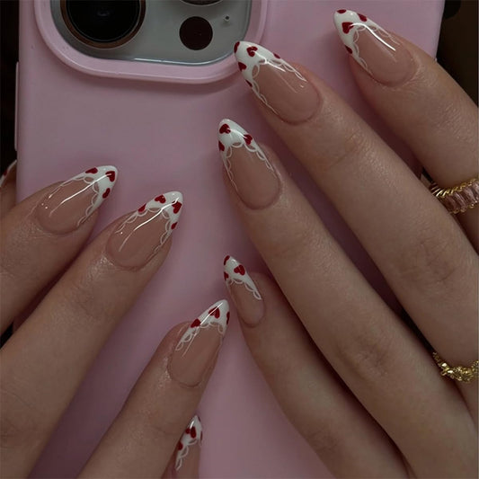 Valentines Press On Nails Short Almond Fake Nails White Lace French Tip False Nails Press ons with Heart Design Glossy Acrylic Full Cover Stick on Nails for Women Girls Date Manicure 24Pcs