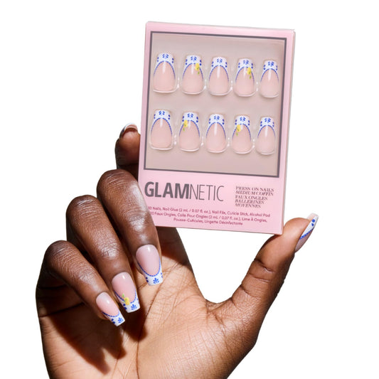 Glamnetic Press On Nails - Medium Coffin Fake Nails with Blue & White French Tips | Salon Quality Vacation Nails | Tuscan Twist | 15 Sizes - 30 Nail Kit with Glue