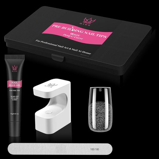 Qiek Medium Almond Pre-Building Nail Tips Kit, 15 Sizes 240 PCS Pre-shaped Apex Pink Thick Extensions Tip Soft Half Matte Press On Fake Nails Glue Gel Nail Lamp for DIY Beginners & Salon Manicure