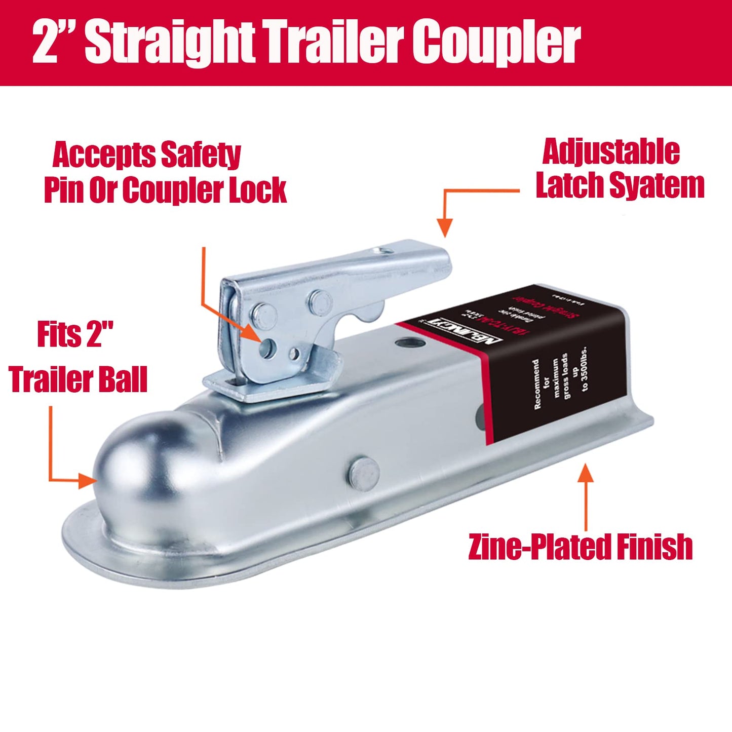NBJINGYI Straight Trailer Coupler for 2" Ball and 2" Channel Tongue, 3500 lbs Gross Weight Capacity, Zinc Plated Steel for Boat, Utility and Equipment Trailers