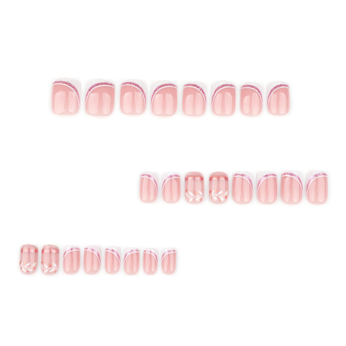 IMSOHOT Press on Nails Short Square Fake Nails with Pink Glitter Designs White French Tips False Nails Full Cover Leaf Glue on Nails Glossy Acrylic Nail Supplies