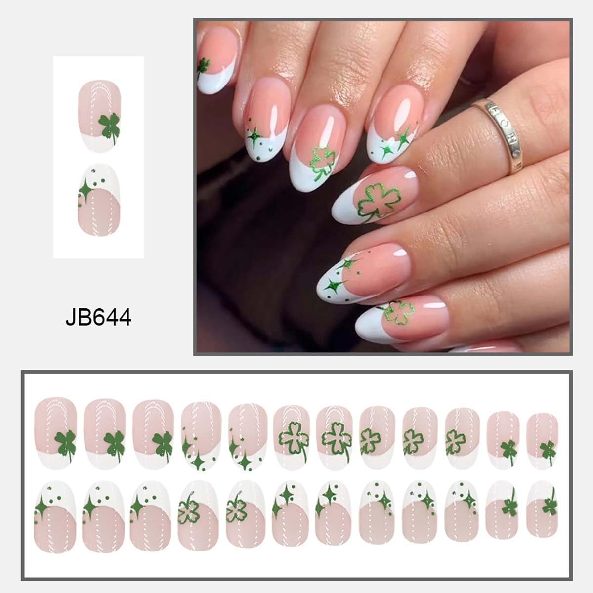 24Pcs St. Patrick's Day Press on Nails short Almond French Tip Fake Nails with Shamrock Designs Full Cover False Nails Lucky Clover Acrylic Glue on Nails for Women Saint Patrick Manicure Decor