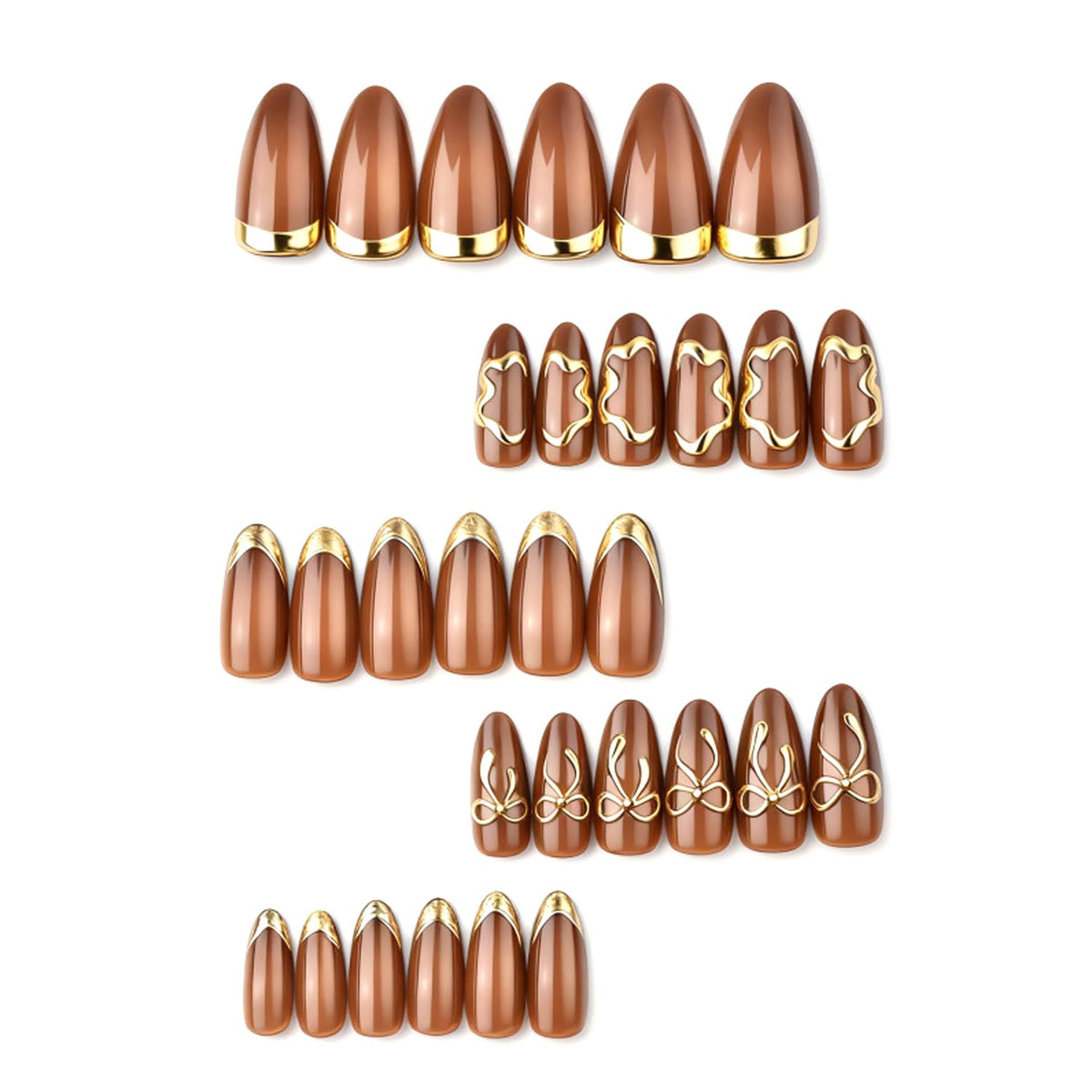 30Pcs Chrome Gold Press on Nails Medium Almond Fake Nails 3D Gold Pearls Bow Designs False Nails Gilded French Artificial Nails Glitter Full Cover Brown Smudge Glossy Acrylic Stick on Nail for Women