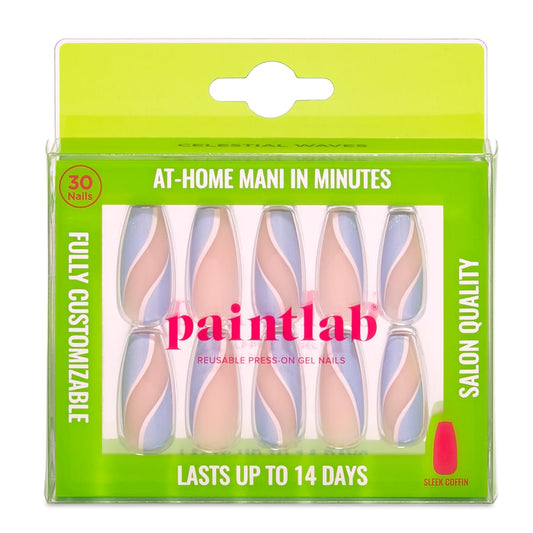 PaintLab Press On Nails - Blue Celestial Waves Coffin Fake Nails, 30 Nails in 15 Sizes with Glue, Reusable Salon Quality Press On Nails