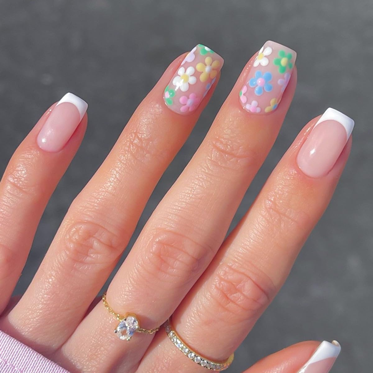6 Packs (144 Pcs) Press on Nails Square - Short, Medium Nails Press ons - French Tip Fake Nails with Flower Design - for Women 12 Sizes-6 Styles
