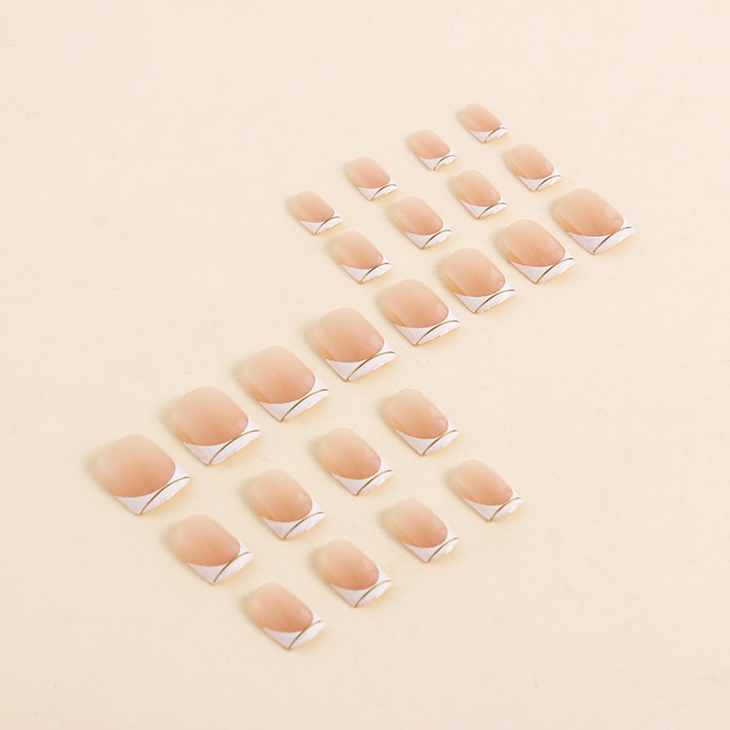 IMSOHOT Press On Nails - White French Tip | Golden Line Designs Short Square Fake Nails, Full Cover, Acrylic, Glossy, Nude False Nails | 12 Sizes - 24 Nail Kit