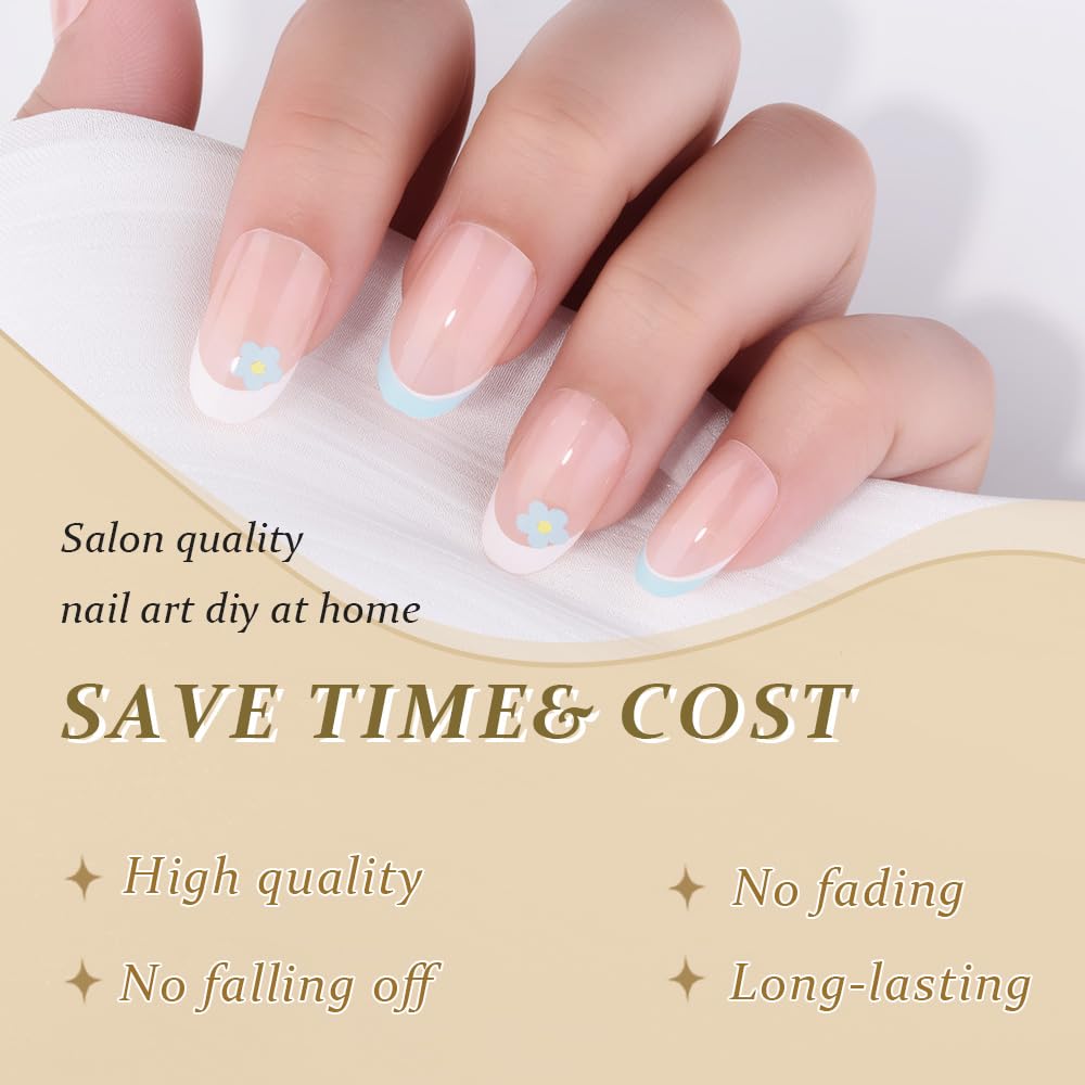 evpct Flower French Tips Press on Nails Short Oval for Women Gift, Nature + Sky Blue & White Tips, Soft Gel Press Stick on Nail with Nail Kit, Supremely Fit Full Cover, Reusable Acrylic Fake Nails Kit