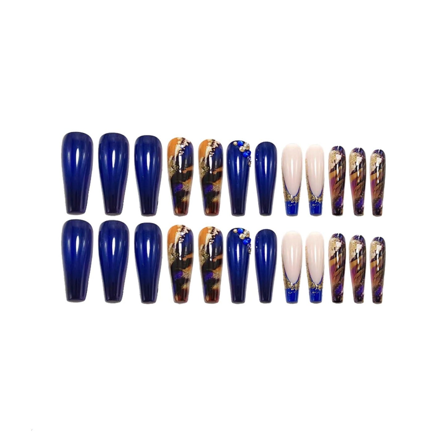 Long Coffin Press on Nails French Tip Fake Nails Dark Blue Marble with Gold Glitters Rhinestones Design Acrylic Nails Full Cover Glue on Nails Blue-black Gradient Stick on Nails for Women 24Pcs