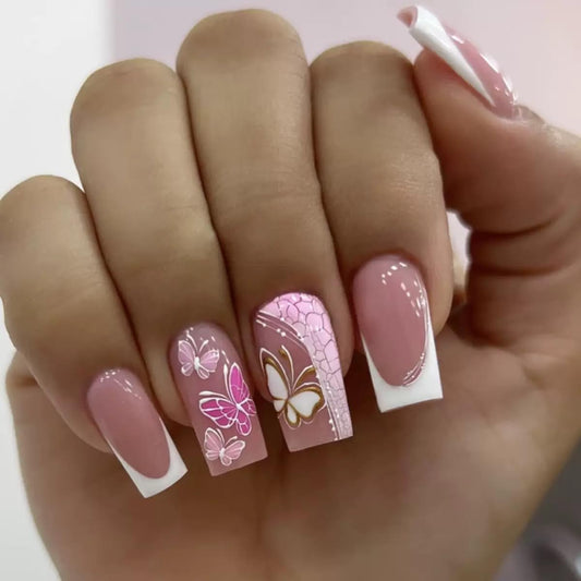 CTTHNBD Press on Nails Square - Medium, White French Tip Fake Nails - with Butterfly Design Stick on False Nails for Women - 24 Pcs