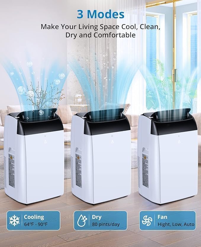 12000 BTU Portable Air Conditioners, Portable AC Unit 3-in-1 with Fan, Dehumidifier, Cools Up To 550 Sq.Ft. Room Air Conditioner, Remote Comtrol, Low Noise, 24 Hours Timer, White Top